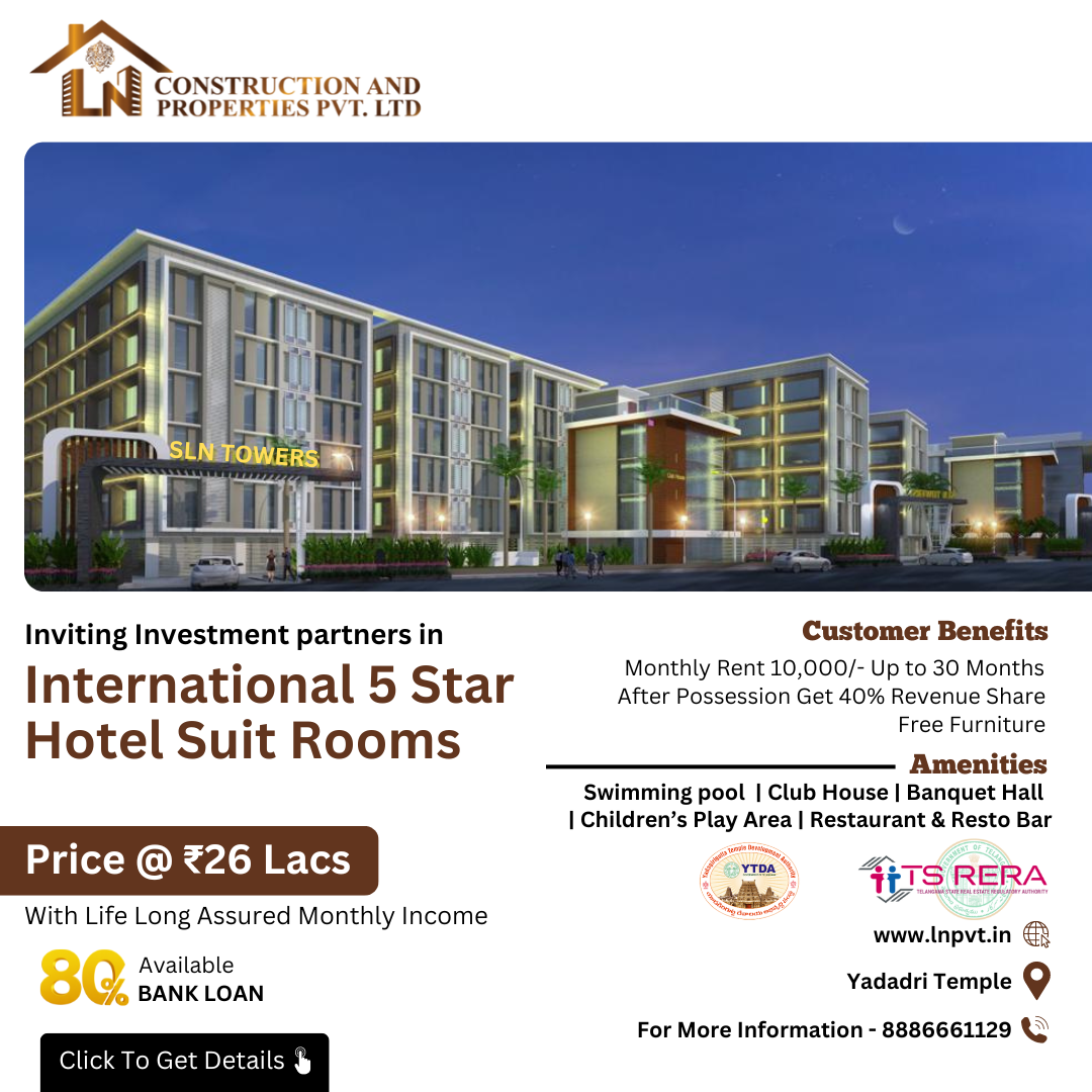 Invest in International 5-Star Hotel Suite Rooms with CONSTRUCTION AND PROPERTIES PVT. LTD - Your Path to Prosperity Starts Here! Secure your financial future with a one-time investment of just ₹26 Lakhs for a 400 Sq.ft suite room. Lifetime returns as you become a partner in this exciting venture.